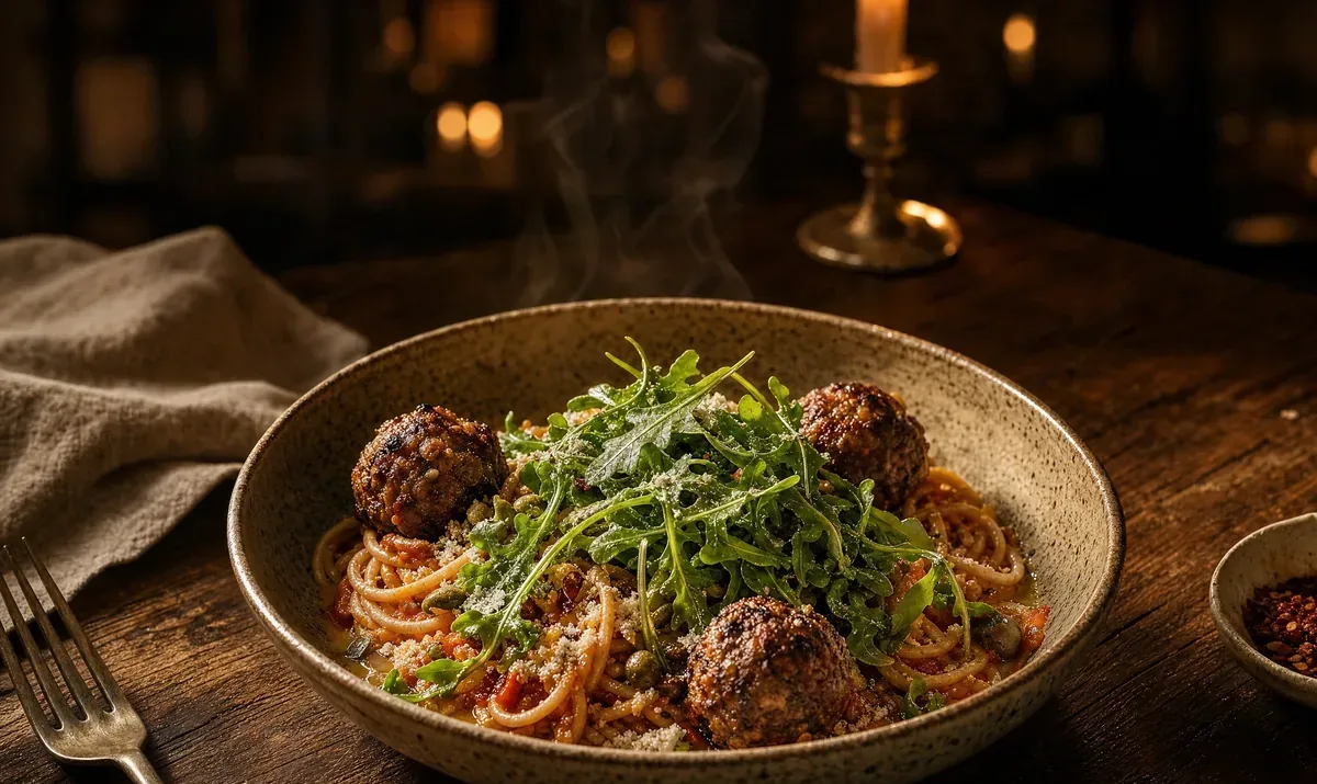 Spaghetti puttanesca z wegańskimi klopsikami