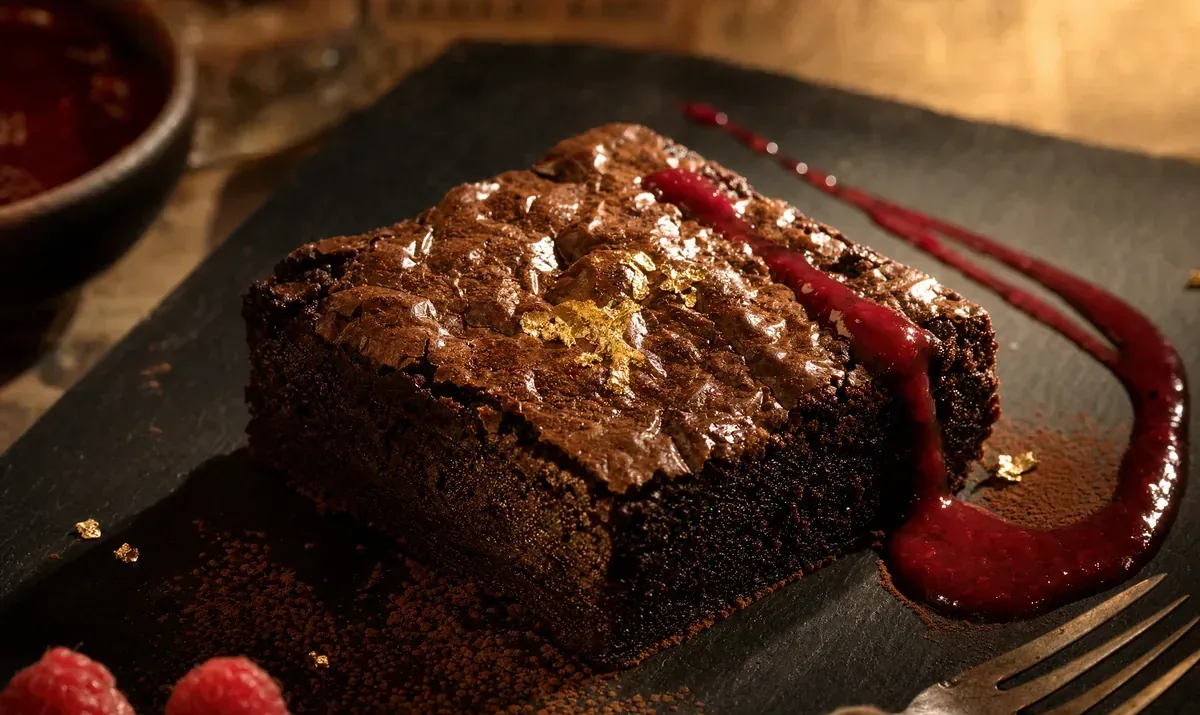 Wegański brownie czekoladowy z malinowym coulis